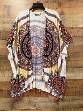 Bohemian Colorful Medallion Print Kimono with Tassels One Size